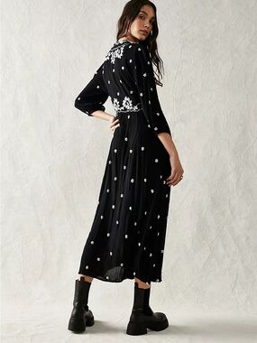 Free People Embroidered Black Boho Peasant Maxi Dress Sheer Size S